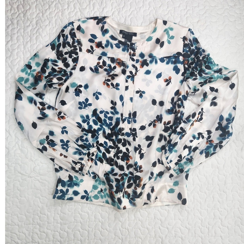 NEW 100% Silk Cream Artsy Blouse 12/Bust 38 Teal Black Long Sleeve Abstract Top - Picture 5 of 8